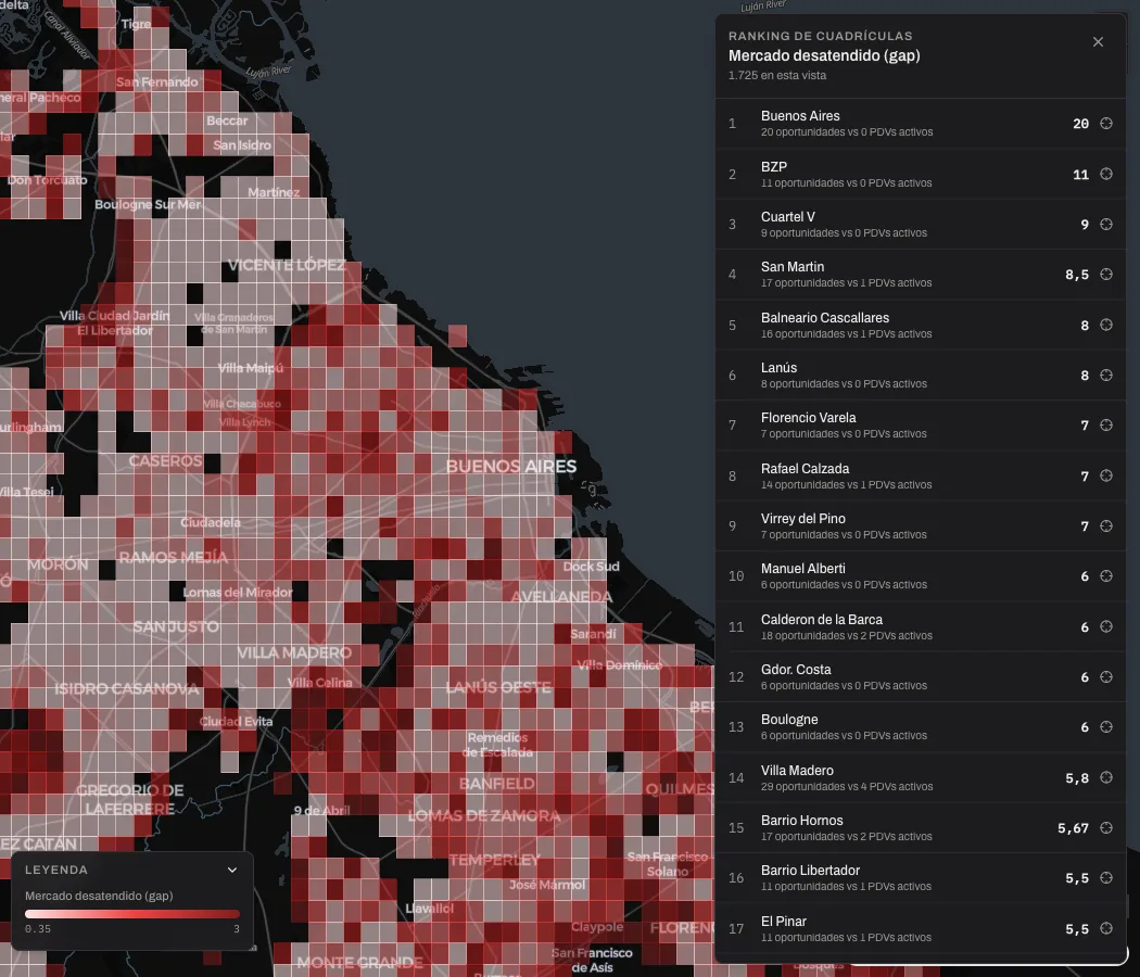 Mapa de mercado desatendido: relación entre comercios con potencial y puntos de venta ya atendidos por celda